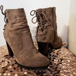 Zip Up Laced Tied Suede Heel Booties